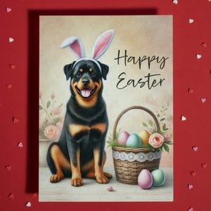 Tarjeta de felicitación de Pascua con rottweiler, amante de las mascotas, tarjetas ilustradas para la familia, él y ella, regalo de Pascua, decoración