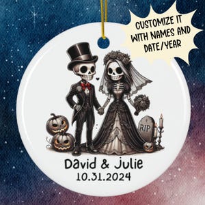 Cartão de presente de ornamento de Halloween personalizado para casal, marido e mulher, amigos, decoração de esqueleto, presente de casamento de temporada assustadora, ornamento de Natal