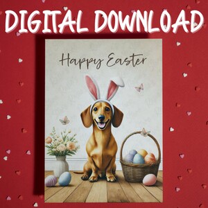 Cartão de Feliz Páscoa para Imprimir Download Digital Dachshund Dog Pet Lover Cartões Ilustrados para Família Ele Ela Presente de Páscoa Decoração
