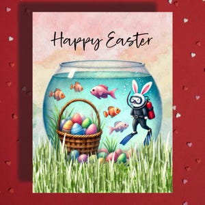 Joyeuses Pâques carte de voeux poisson amateur d'animaux de compagnie bol d'aquarium plongeur sous-marine lapin de Pâques cartes illustrées pour la famille lui son cadeau de Pâques déco