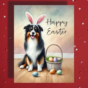 Tarjeta de felicitación de Pascua para amantes de los perros pastores australianos, tarjetas ilustradas para la familia, él y ella, regalo de Pascua, decoración