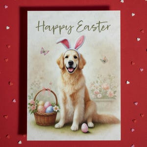 Tarjeta de felicitación de Pascua con diseño de Golden Retriever, amante de las mascotas, tarjetas ilustradas para la familia, él y ella, regalo de Pascua, decoración