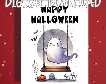 Ghost Halloween Card, Watercolor Party Invitation (Digital Download)