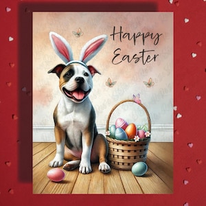 Tarjeta de felicitación de Pascua con diseño de pitbull para amantes de las mascotas, tarjetas ilustradas para la familia, él y ella, regalo de Pascua, decoración
