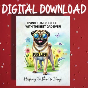 Cartão para impressão de dia dos pais, download digital, pug, cão, amante de animais, cartões ilustrados para o pai, as melhores ideias de presentes para o pai, cachorro, pai, para ele