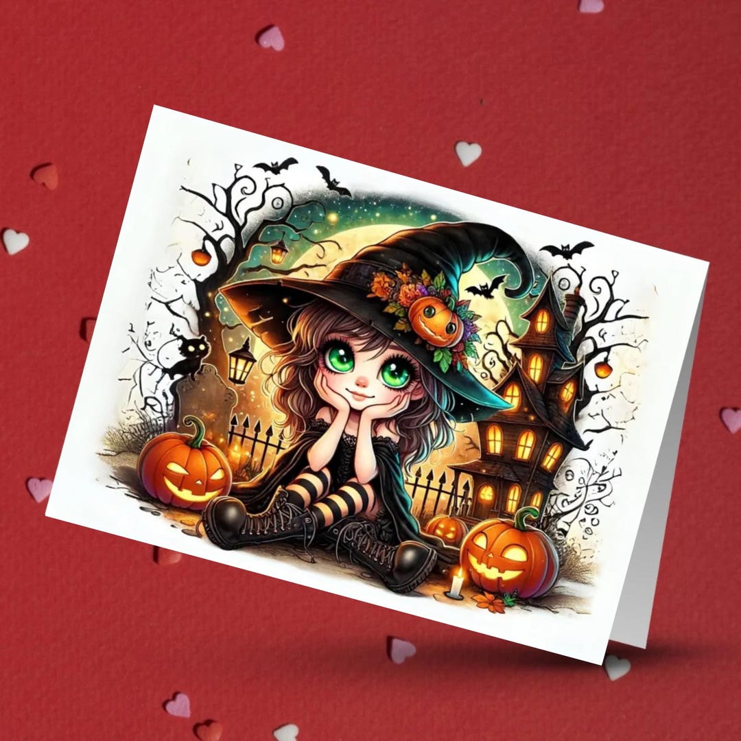 Halloween Witch Greeting Card, Watercolor Fall Card With Pumpkins and ...