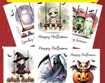 Halloween Kartenset Einladung Aquarell Herbst Charakter Geist Hexe Kürbis Card Pack