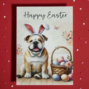 Frohe Ostern Grußkarte Bulldogge Hund Haustier-Liebhaber illustrierte Karten für Familie Ihn Ihre Ostergeschenk-Dekor