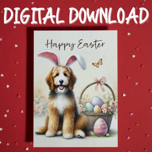 Biglietto di auguri di Pasqua stampabile, download digitale, biglietti illustrati per amanti degli animali domestici, cane Bernedoodle, per la famiglia, lui e lei, regalo di Pasqua, decorazione