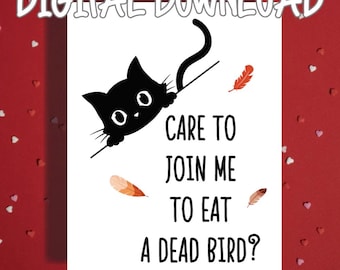 May include: A white rectangular digital download card featuring a black cat illustration peeking over a diagonal line. The text reads "CARE TO JOIN ME TO EAT A DEAD BIRD?" in black sans-serif font, accented by three small orange and brown feathers.