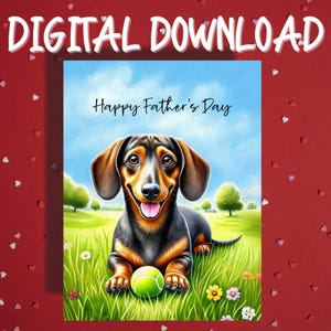Tarjeta imprimible para el Día del Padre con descarga digital. Perro salchicha. Tarjetas ilustradas para amantes de las mascotas. Ideas de regalos para papá.