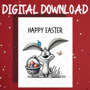 Feliz Páscoa Cartão para Imprimir Digital Download Engraçado Bonito Coelho da Páscoa Amante Cartões Ilustrados para Família Ele Ela Ideias para Presentes de Páscoa Decoração