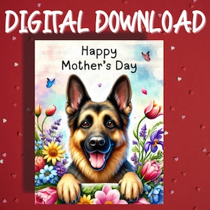 Cartão para impressão de dia das mães, download digital, cartões ilustrados para amantes de animais de estimação, pastor alemão, para mãe, cachorro, mamãe, ideias de presentes para ela