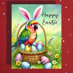 Tarjeta de felicitación de Pascua con diseño de loro, pájaro, amante de las mascotas, conejo de Pascua, tarjetas ilustradas para la familia, él y ella, regalo de Pascua, decoración