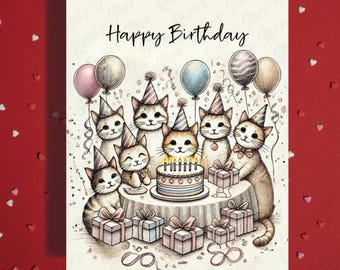Biglietto d'auguri di compleanno per gatti. Buon compleanno. Divertente gatto, gattino, amante degli animali. Biglietti illustrati. Idee regalo di compleanno per lei o per lui. Gatto, mamma, papà.