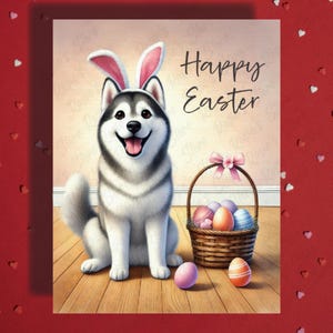 Cartão de Feliz Páscoa Husky Dog Pet Lover Cartões Ilustrados para Família Ele Ela Presente de Páscoa Decoração