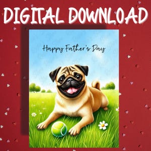 Afdrukbare Vaderdag kaart Digitale download Mopshond dierenliefhebber geïllustreerde kaarten voor vader Vader hond vader cadeau-ideeën voor hem