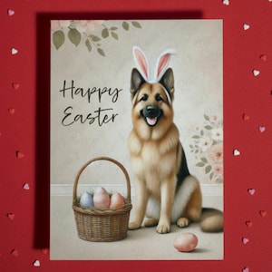 Tarjeta de felicitación de Pascua para amantes de las mascotas, pastor alemán, tarjetas ilustradas para la familia, él y ella, regalo de Pascua, decoración