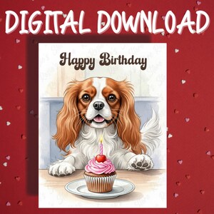 Geburtstagskarte druckbare Cavalier King Charles Spaniel Hund Haustierliebhaber Illustrierte Karten Alles Gute zum Geburtstag Geschenkideen für Freund Digitaler Download