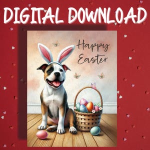 Cartão de Feliz Páscoa para Imprimir Download Digital Pitbull Dog Pet Lover Cartões Ilustrados para Família Ele Ela Decoração de Presente de Páscoa