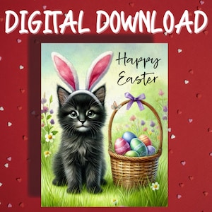 Frohe Ostern druckbare Karte digitale Download schwarze Katze Haustier-Liebhaber illustrierte Karten für Familie ihn ihre Ostern Dekor