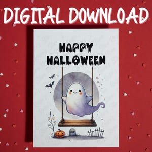 Cartão de Halloween fofo para impressão Download digital Convite para festa de Halloween Feliz Dia das Bruxas Fantasma assustador Decoração de outono Estilo aquarela