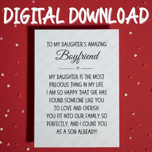 Carte imprimable cadeau petit ami de votre fille en téléchargement numérique pour carte de Noël d'anniversaire petit ami fille pour lui, idées pour son futur gendre