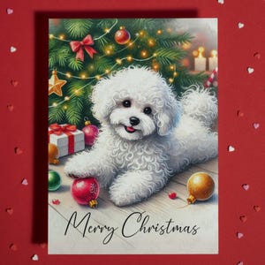 Buon Natale e Buone Feste Biglietto d'Auguri per Amante degli Animali Domestici, Cane Bichon Frise, Biglietti Illustrati per la Famiglia, Lui e Lei