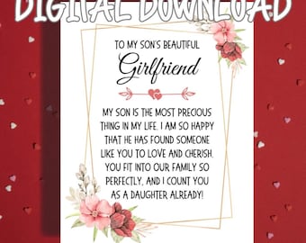 Printable Card for Son's Girlfriend, From Future Mother in Law, Sentimental Family Welcome Digital Download