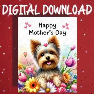 Cartão para impressão de dia das mães Download digital Yorkie Yorkshire Terrier Dog Pet Lover Cartões ilustrados para mãe Mãe Cachorro Mama Presente para ela