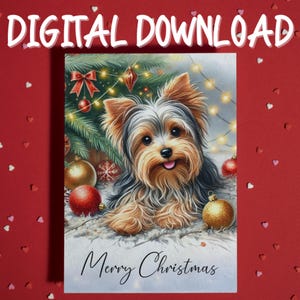 Feliz Natal Boas Festas Cartão para impressão Download digital Yorkie Dog Pet Lover Cartões ilustrados para família Ele Ela