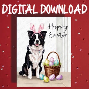 Biglietto di auguri di Pasqua stampabile, download digitale, cane pastore australiano, amante degli animali, biglietti illustrati per la famiglia, lui e lei, regalo di Pasqua, decorazione
