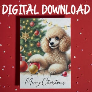 Feliz Natal Boas Festas Cartão para impressão Download digital Poodle Cachorro Amante de animais Cartões ilustrados para família Ele Ela