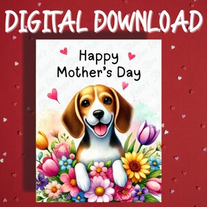 Cartão para impressão de dia das mães Download digital Beagle Dog Pet Lover Cartões ilustrados para mãe Mãe Cachorro Mamãe Ideias para presentes para ela
