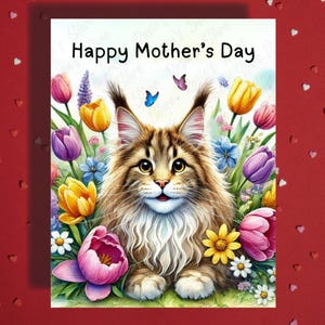 Carte de voeux Fête des mères, chat Maine coon, amoureux des animaux de compagnie Cartes illustrées pour maman, mère chat, maman en prime, belle-mère, idées cadeaux pour elle