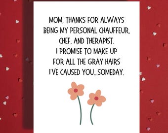Tarjeta divertida para mamá: chófer, chef, terapeuta. Tarjeta del Día de la Madre de parte de su hijo o hija.