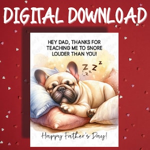 Cartão para impressão de dia dos pais, download digital, Bulldog Francês, amante de animais de estimação, cartões ilustrados para o pai, as melhores ideias de presentes para o pai com cachorro para ele