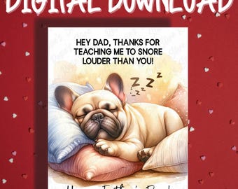Biglietto d'auguri stampabile per la festa del papà, download digitale, biglietti illustrati per amanti degli animali, bulldog francese, idee regalo per papà, il miglior regalo per papà con cane