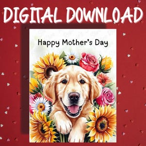 Cartão para impressão de Dia das Mães, download digital, Golden Retriever, cão, amante de animais de estimação, cartões ilustrados para mãe, mãe, cachorro, mamãe, ideias de presentes para ela