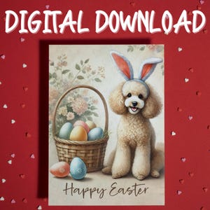 Cartão de Feliz Páscoa para Imprimir Download Digital Poodle Cachorro Amante de Animais Cartões Ilustrados para Família Ele Ela Presente de Páscoa Decoração