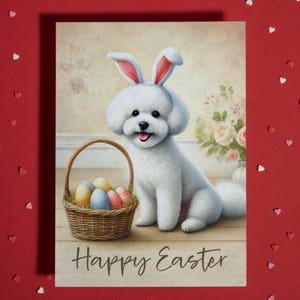 Cartão de Feliz Páscoa Bichon Frise Dog Pet Lover Cartões Ilustrados para Família Ele Ela Presente de Páscoa Decoração