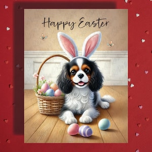 Happy Easter Greeting Card Cavalier King Charles Spaniel Dog Pet Lover Illustrated Cards for Family Him Her Easter Gift Decor