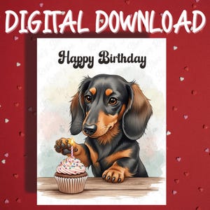 Tarjeta de cumpleaños imprimible para amantes de las mascotas, perro salchicha, tarjetas ilustradas, ideas de regalos de feliz cumpleaños para ella, él, amigo, descarga digital