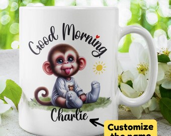 Taza de café personalizada para amantes de los monos, regalo de buenos días para amantes de las mascotas, ella, él, niños, regalo de cumpleaños, regalo de vacaciones, taza con nombre