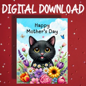 Cartão para impressão de dia das mães, download digital, cartões ilustrados para amantes de animais de estimação, gatos pretos, ideias de presentes para mães, gatas e mamães