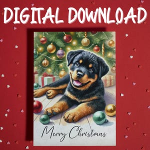 Feliz Natal Boas Festas Cartão para impressão Download digital Rottweiler Dog Pet Lover Cartões ilustrados para família Ele Ela