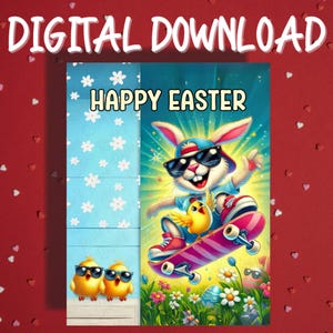 Cartão de Feliz Páscoa para Imprimir Download Digital Coelho da Páscoa Amante de Skate Cartões Ilustrados para Família Ele Ela Presente de Páscoa Decoração