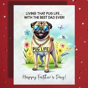 Cartão de felicitações para o dia dos pais, cão pug, amante de animais de estimação, cartões ilustrados para o melhor pai, pai, cachorro, pai bônus, padrasto, ideias de presentes para ele