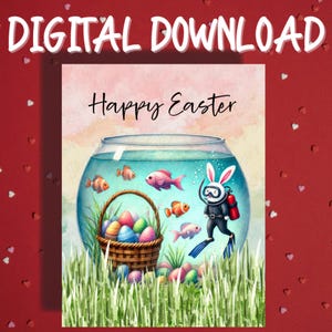 Feliz Páscoa Cartão para Imprimir Download Digital Peixe Amante de Animais de Estimação Aquário Tigela Mergulhador Coelho da Páscoa Cartões Ilustrados para Família Ele Ela