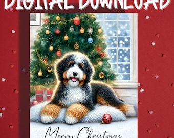 Könnte beinhalten: Digitaler Download mit einem Bernedoodle-Hund vor einem Weihnachtsbaum. Der Hund hat schwarzes, weißes und braunes Fell und liegt auf einer weißen Oberfläche. Der Text "Merry Christmas" und "DIGITAL DOWNLOAD" ist enthalten.